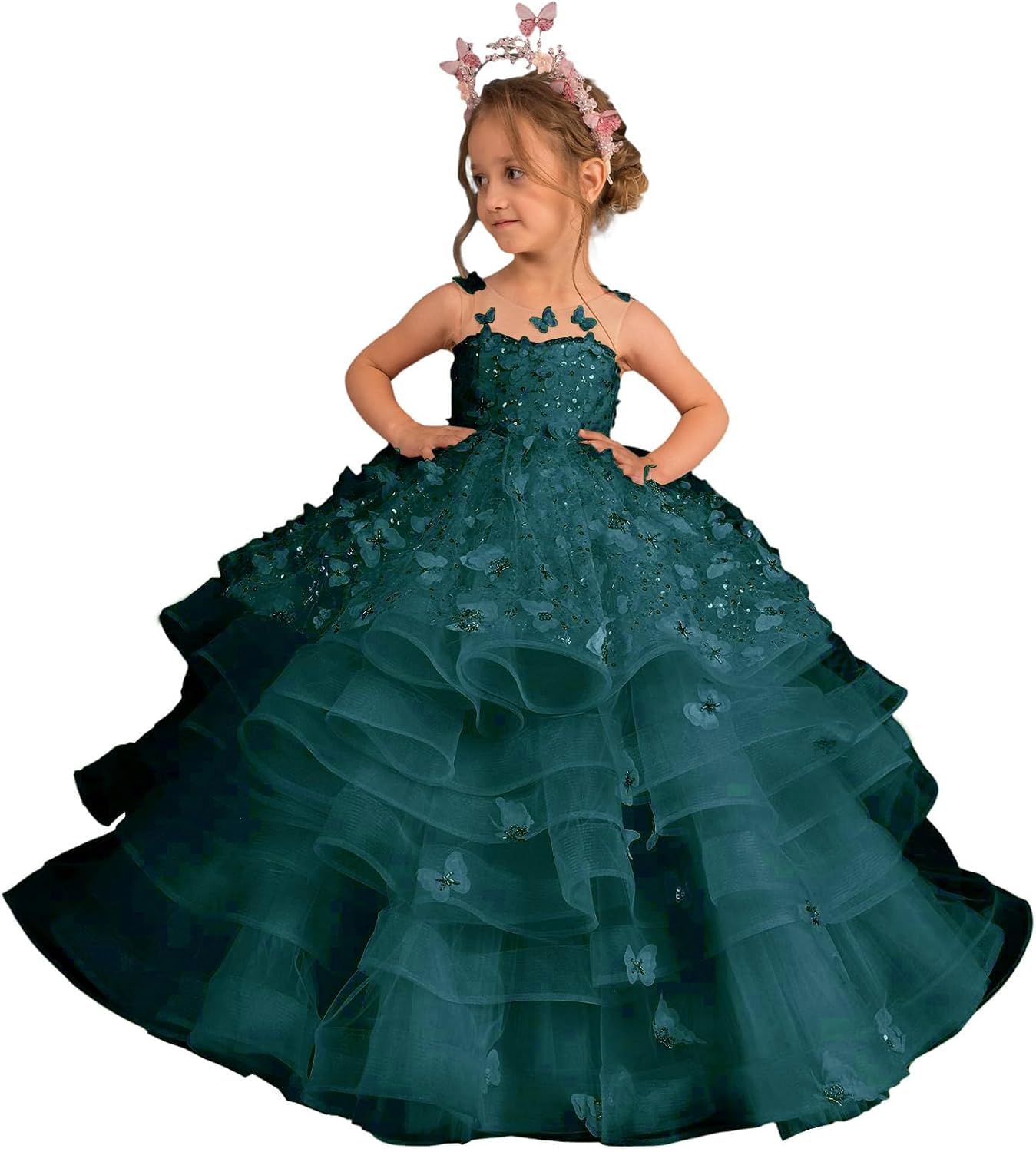 Flower Girl Dress Toddler Pageant Dress Tulle Long Girls Ball Gown 3D Butterfly Puffy Tiered First Communion Dresses