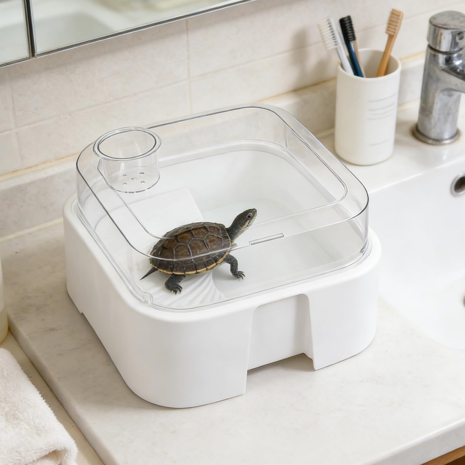 TOYANDONA Turtle Tank con Coperchio e Piattaforma per Bagni di Sole Habitat per Rettili in Plastica Sicuro Facile Pulizia per Tartarughe Acquatiche Piccole