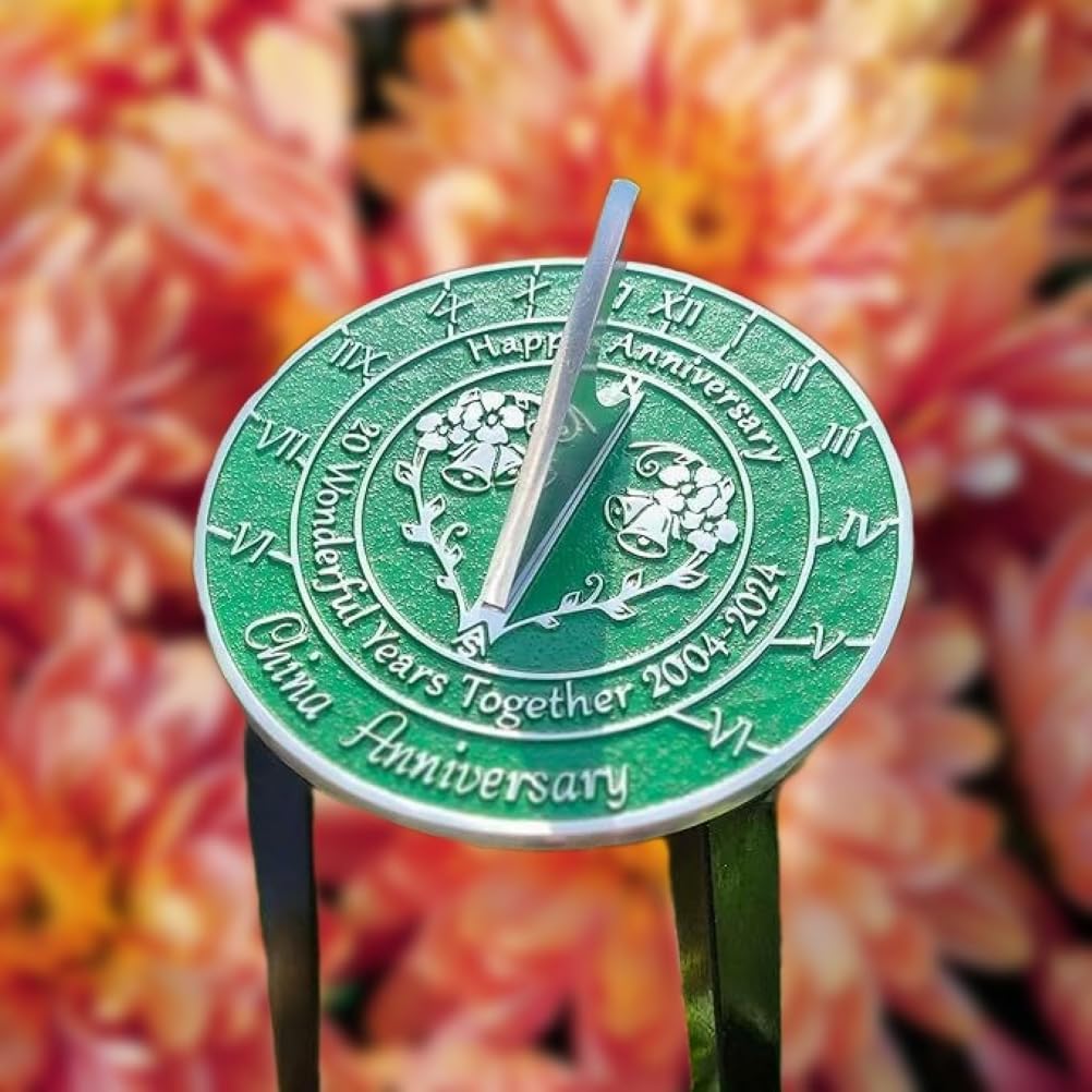 20th China Wedding Anniversary 2004-2024 Metal Home Decor Sundial | Garden Present Idea for Couple Him Her Parents Handmade Anniversary 20 Year Celebration Sundial 10" Green