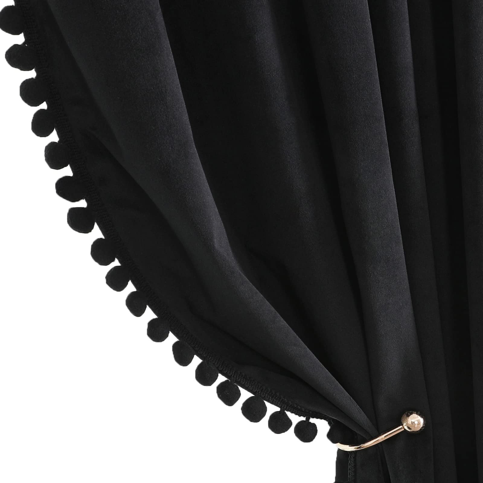 Benedeco Black Velvet Curtains for Bedroom Window with Pom Pom, Super Soft Luxury Drapes, Blackout Room Darkening Thermal Insulated Rod Pocket Curtain for Living Room, W52 by L108 inches, 2 Panels