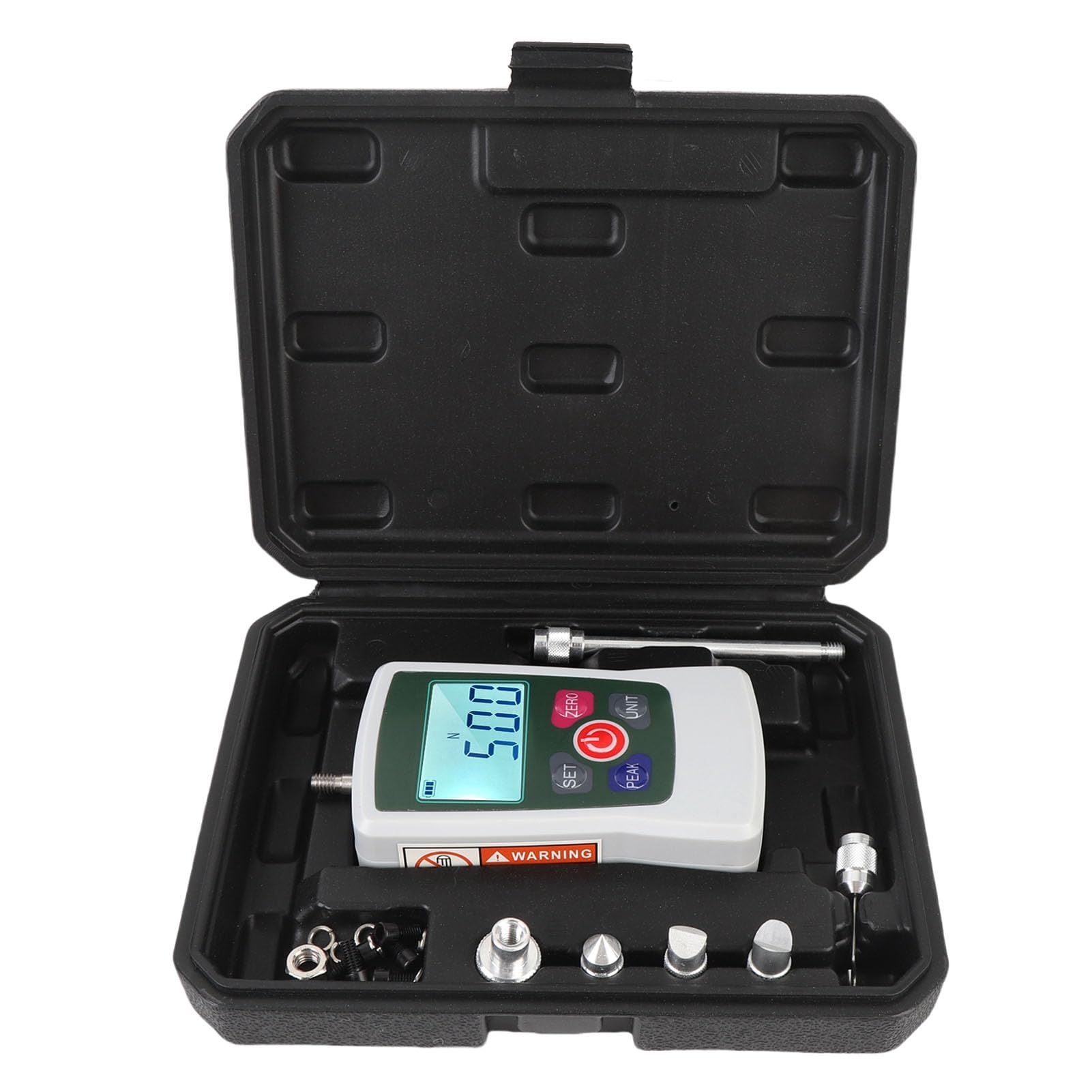 Dinamómetro Digital de Empuje y Tracción, Medidor de Fuerza 50N/5kg con Pantalla LCD, Función Pico, Conversión de Unidades, Alarma para Pruebas de Compresión y Tensión