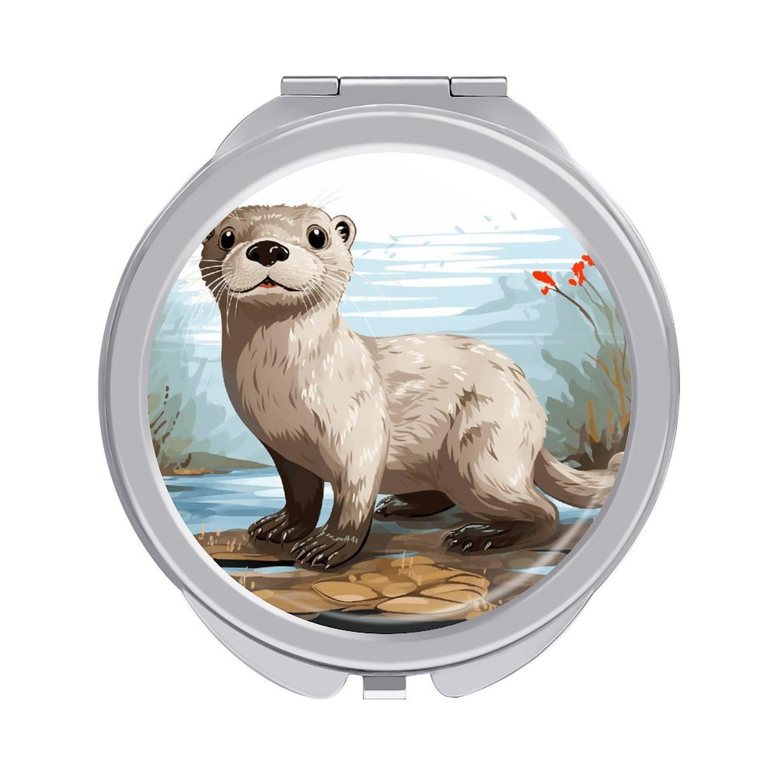 VstaDank Otter Travel Makeup Mirror 2 X /1 X Magnifying Mini Vintage Pocket Mirror for Purse Small Portable Folding Small Round Mirrors Portable Vanity Mirrors for Women