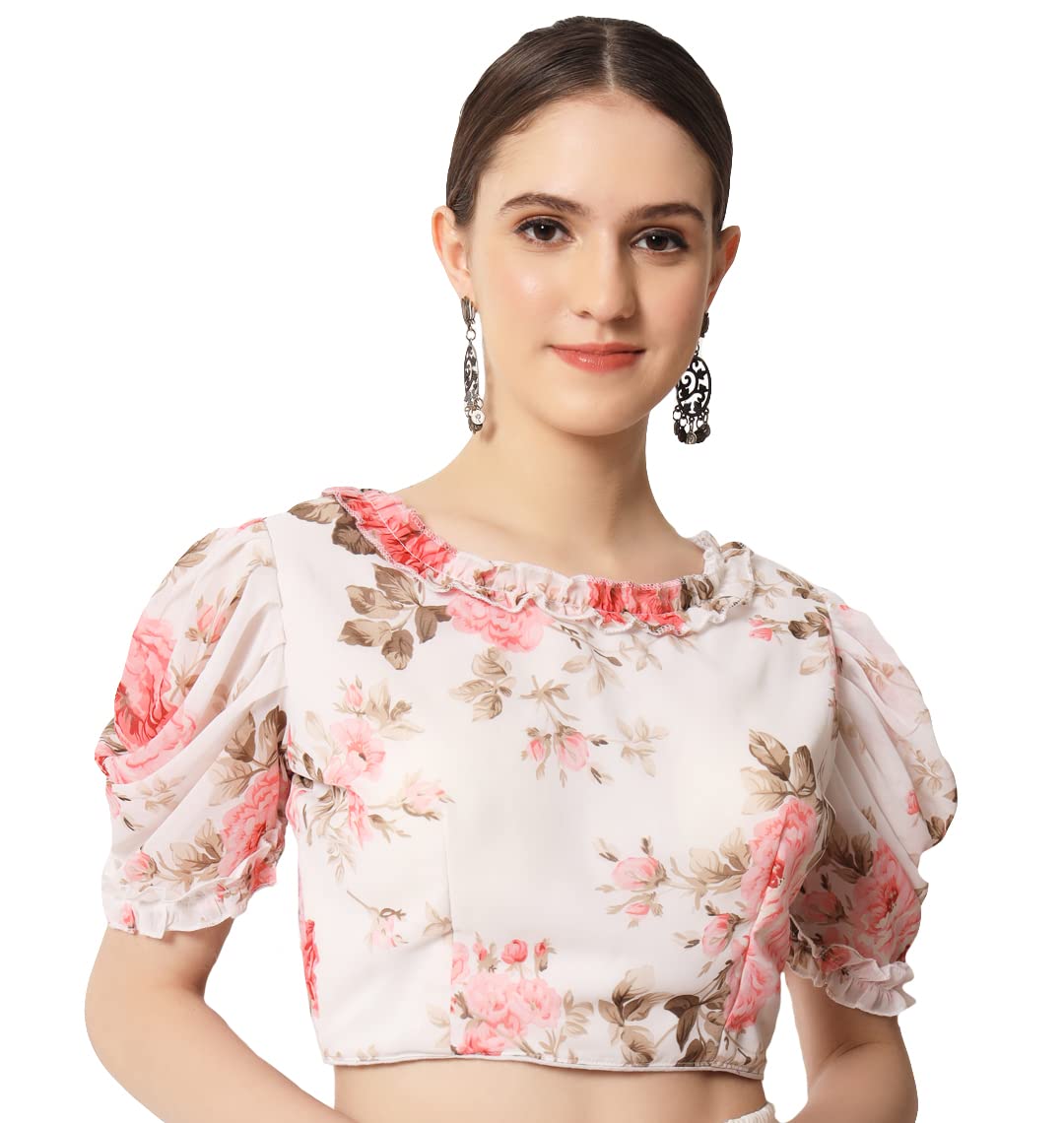 Women's Floral Printed Georgett Puffy Sleeve Round Neck Line White Blouse (Moksha)-image-33
