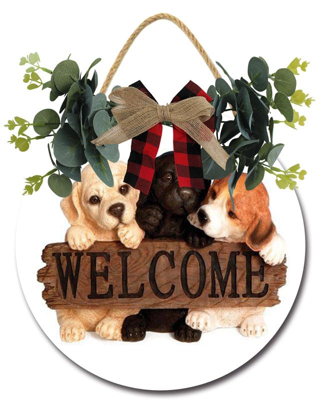 Uptell Welcome Dogs Sign for Front Door Hanging Seasons Sign Outdoor Rustic Round Wood Wreaths Wall Decor Farmhouse Porch Wreaths Decorations 12In