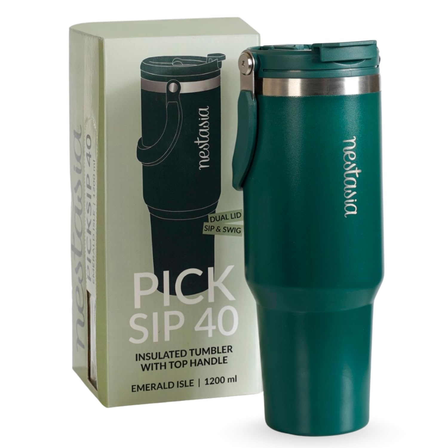 Nestasia PickSip40 Tumbler with Straw & Top Handle 1.2L | Insulated Stainless Steel Sipper Water Bottle for Adults with Dual Flip Opening Sip-Swig Leakproof Lid for Office & Gym (Emerald Isle)