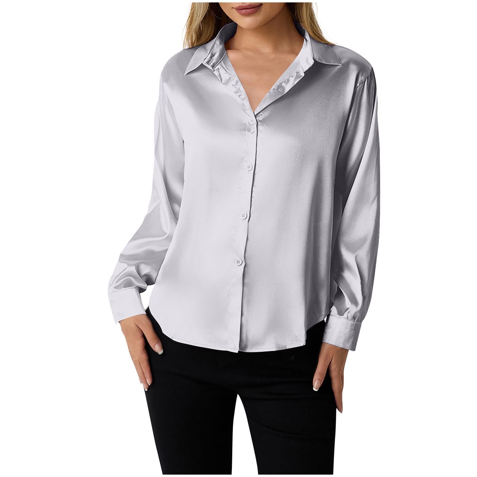Womens Long Sleeve Collared Satin Button Down Dress Shirts Office Ladies Dressy Business Casual Tops Blouses for Work Gray