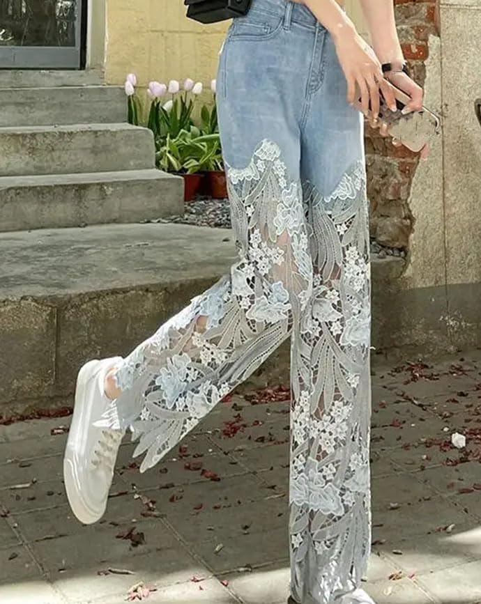 Fashion Lace Patchwork Hollow Out Jeans for Women Summer Casual Loose Straight Denim Pants3