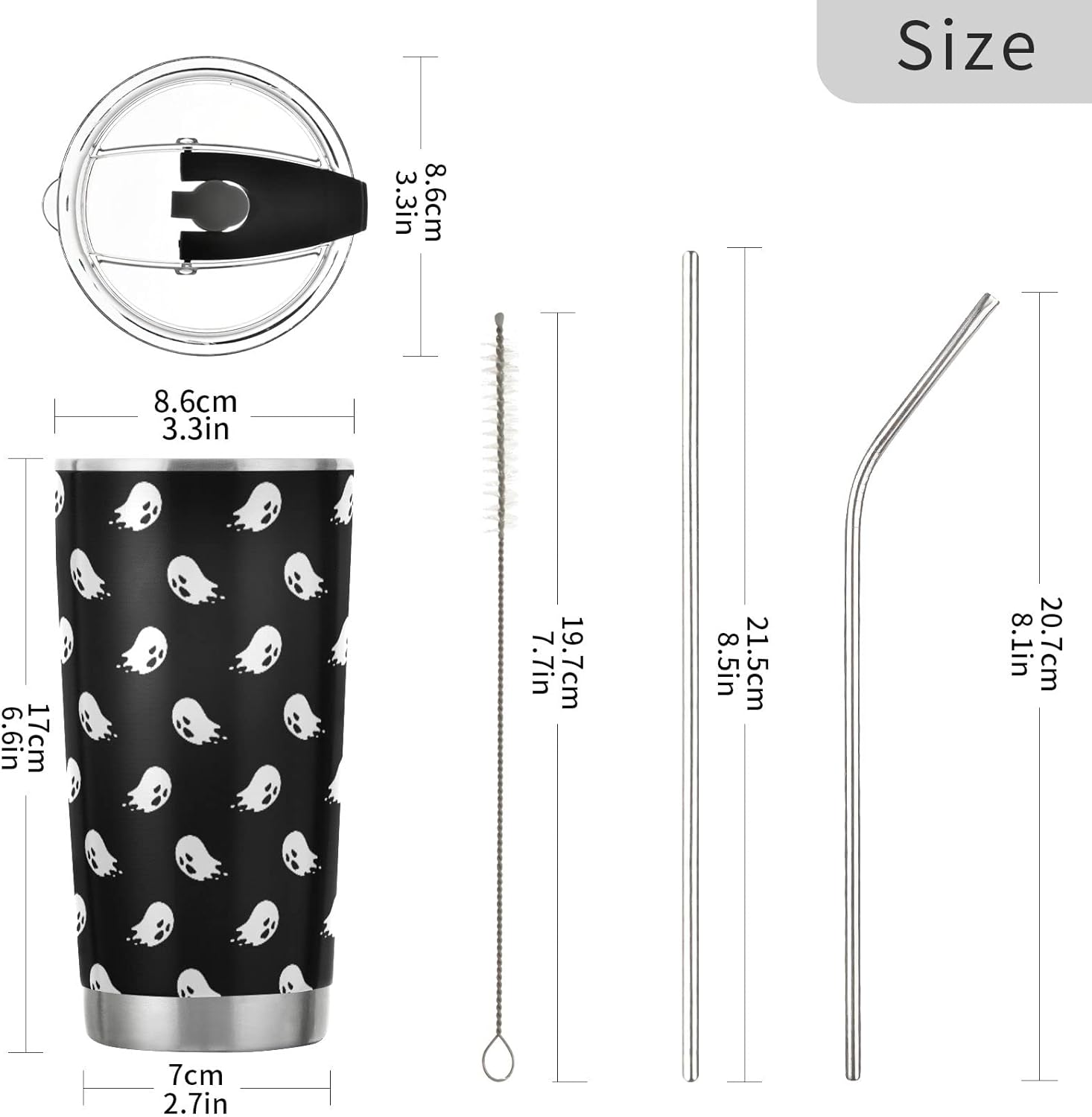 Halloween Tumbler Doodle Spooky Ghost Insulated Coffee Cup Back to School Beverage Container Office Travel Mug with Straw and Lid 20oz Holiday Gift Day of The Dead Present - Image 2