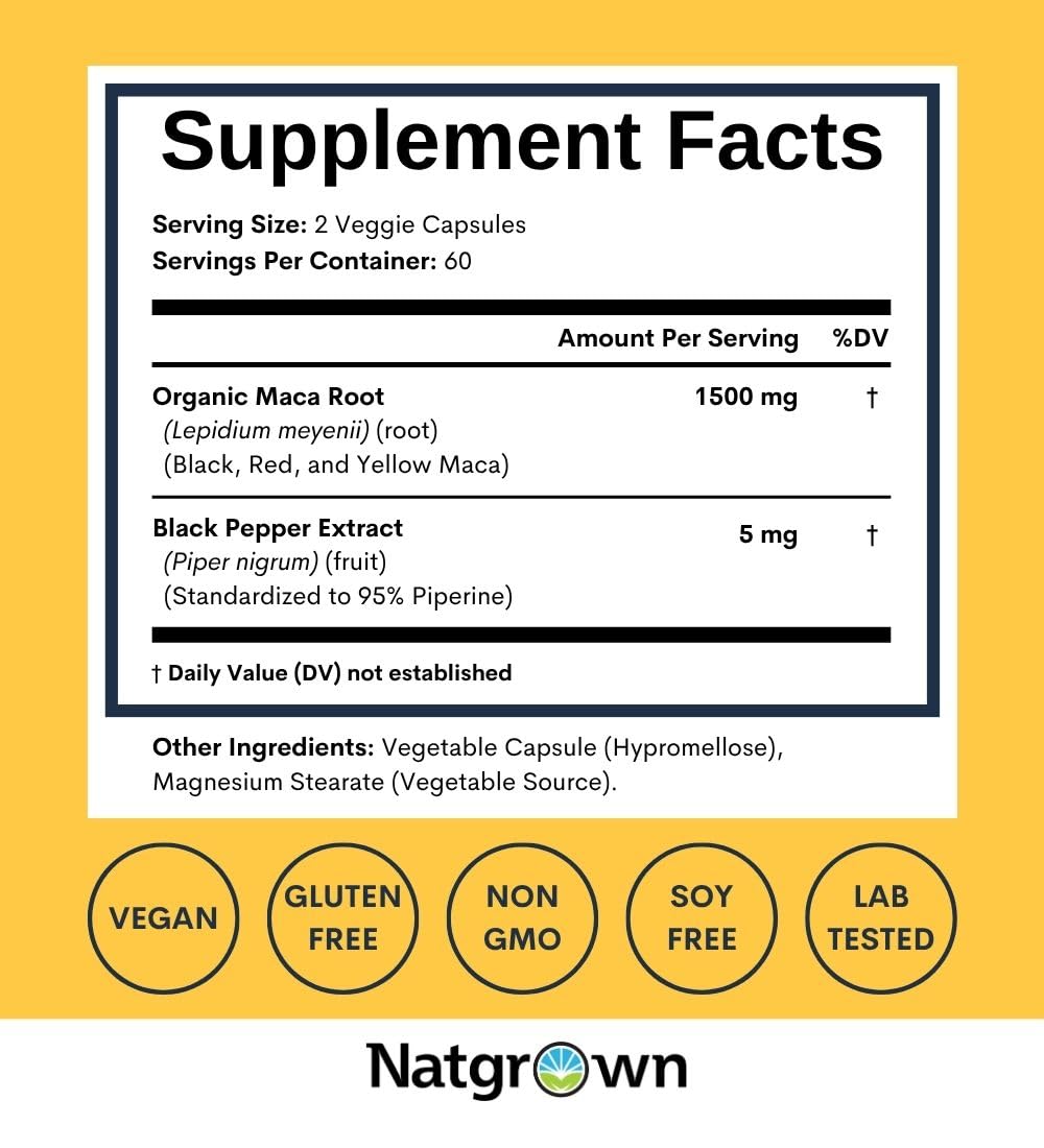 Natgrown Organic Maca Root Powder Capsules - Black, Red & Yellow - 120 ct — Amazon image 2