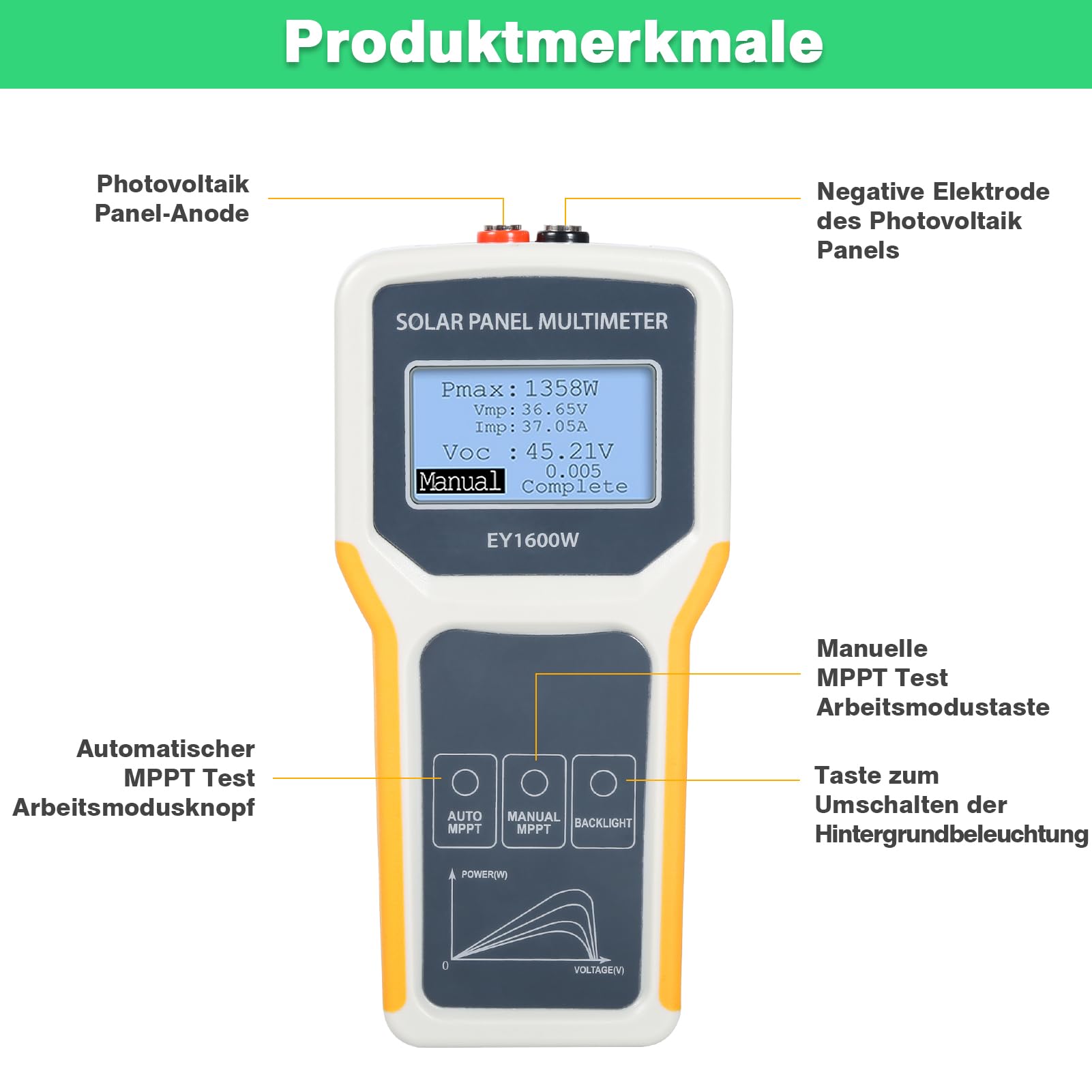 BuyWeek Tester paneli słonecznych 1600 W, panel słoneczny, multimetr MPPT z wyświetlaczem LCD, podświetlenie tła, urządzenie testujące napięcie jałowe, urządzenie do testowania modułu solarnego