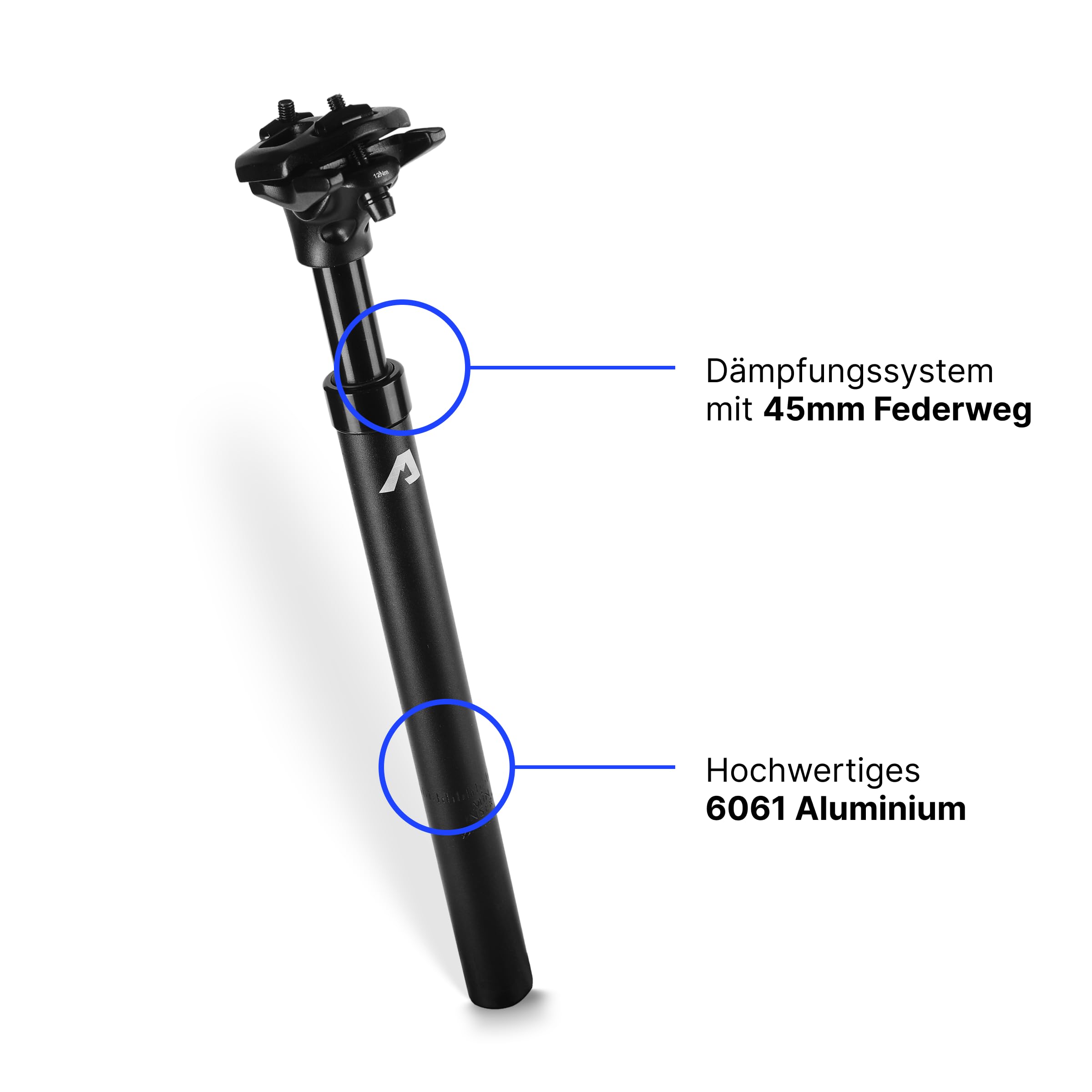 Alpensattel Amortyzowana sztyca podsiodłowa, aluminium 6061, 350 mm, średnica 27,2 mm, ugięcie sprężyny 45 mm, 500 g, do rowerów MTB, E-Bike, trekkingu, do jazdy na rowerze wyścigowym