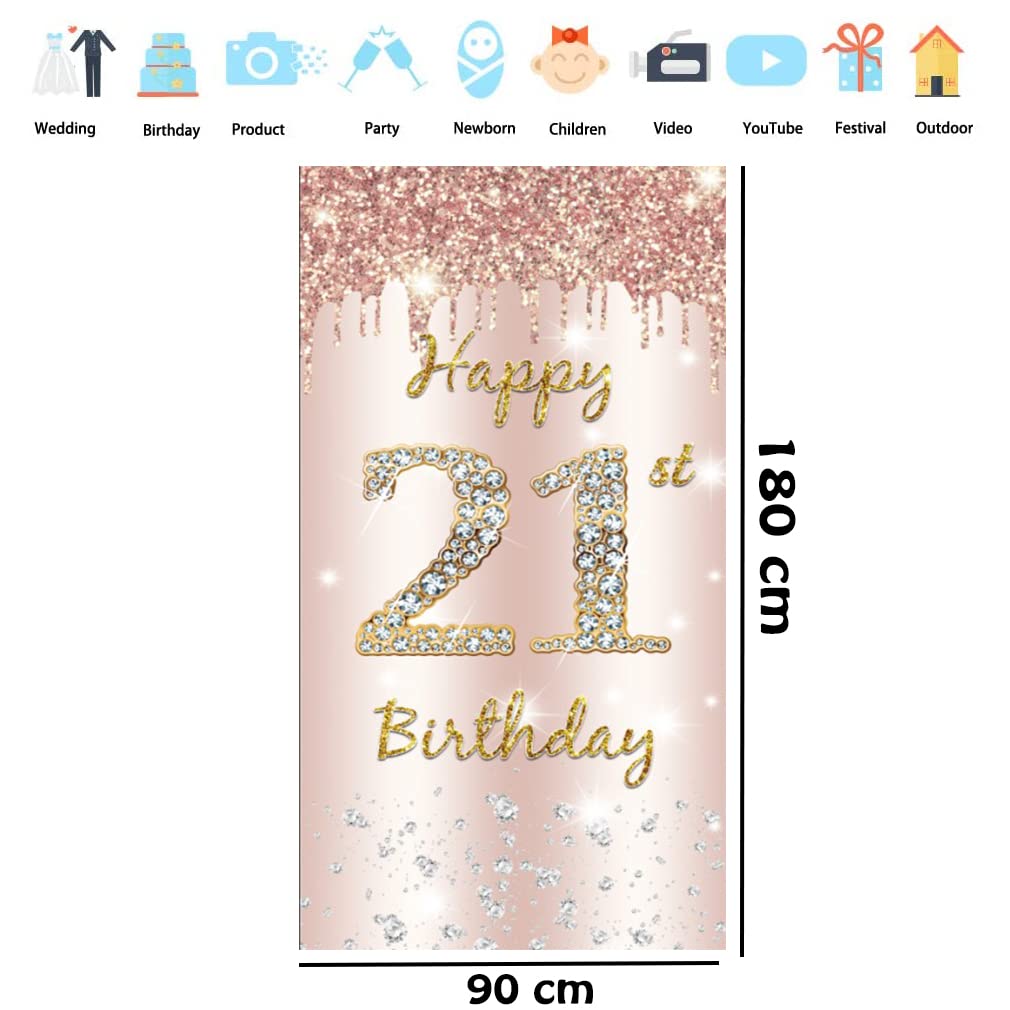 21. urodziny dziewczyna dekoracja, Happy 21st Birthday Door baner różowe złoto, 21. urodziny materiał szyld szyld plakat dekoracja drzwi, 21. urodziny tło baner, przyjęcie urodzinowe tabliczka powitana