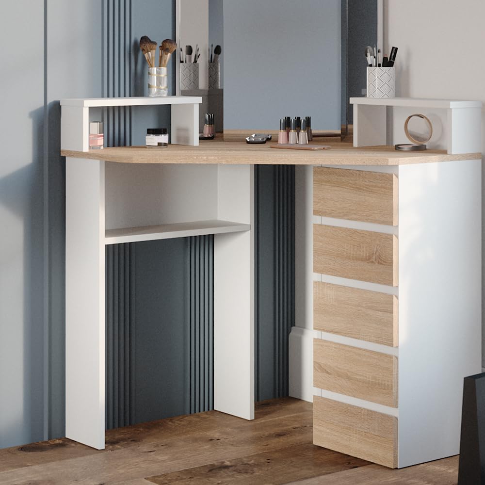 Vicco Coiffeuse d'angle Tilda, Wit/Sonoma/Sonoma, 113,3 cm avec éclairage LED et tabouret Vicco Coiffeuse d'angle Tilda, Wit/Sonoma/Sonoma, 113,3 cm avec éclairage LED et tabouret