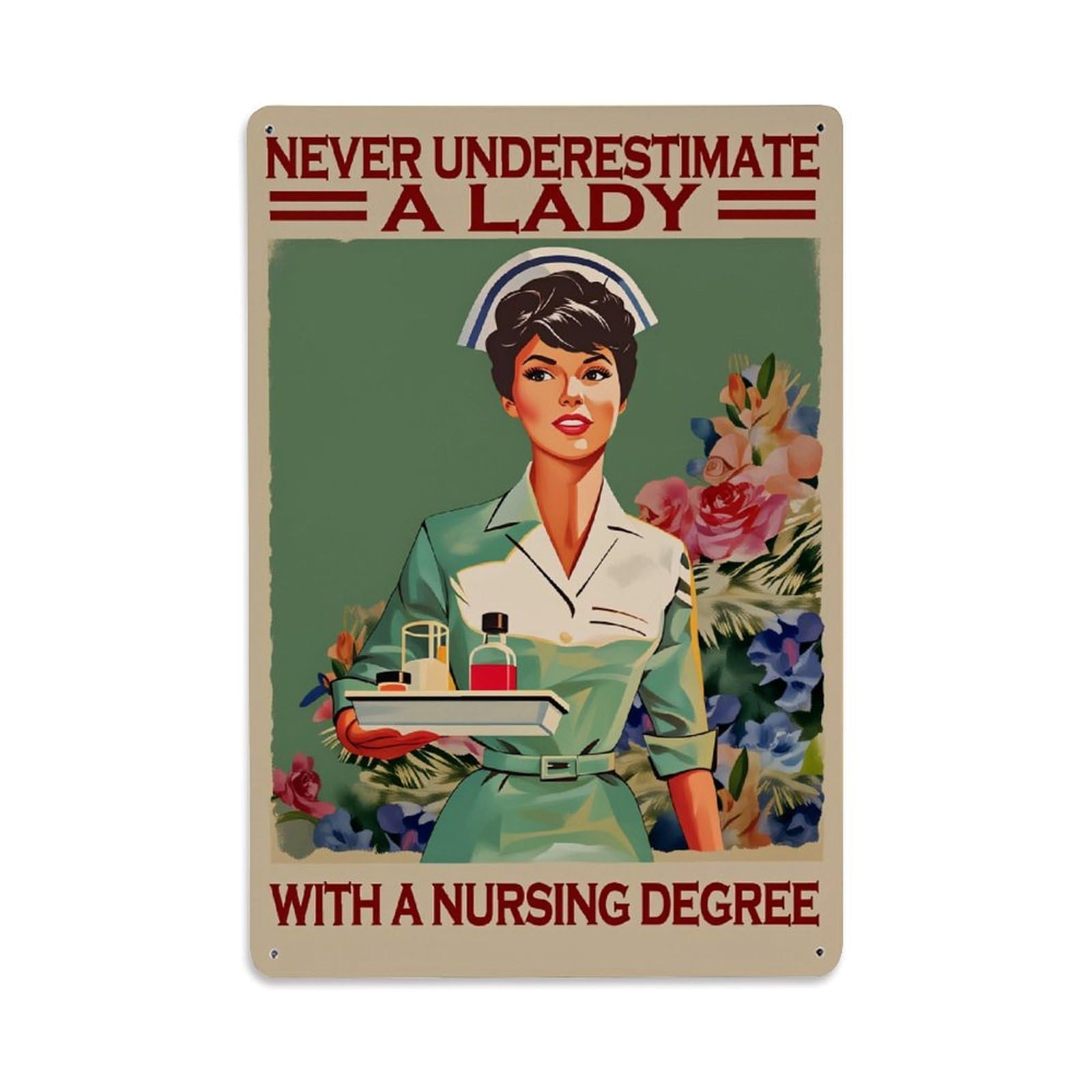 Nurse Holding Tray With Medicines Tin Sign Vintage Metal Poster, Home Bar Garage Man Cave Cafe Indoor & Outdoor Wall Decoration 8x12Inches