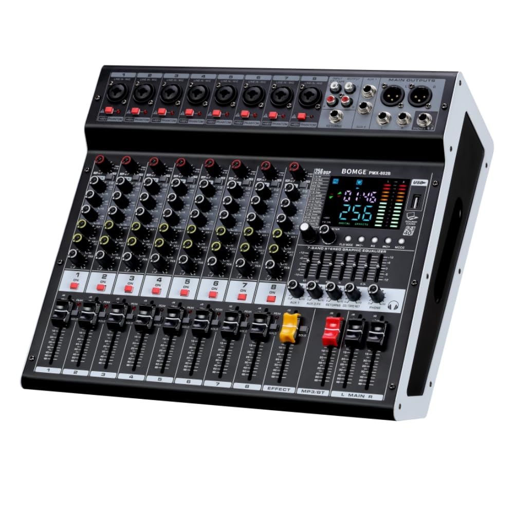BOMGE Powered Mixer 8 Channel -2x400W Amplifier r w/USB Drive for PC Recording - XLR Mic Input - 48V Power - 7-Band EQ - RCA I/O -256 DSP Processor for Professional &amp; Beginners