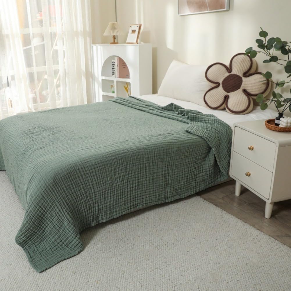 Musselin Decke, Sommerdecke Erwachsene,100% natürliche Musselin-Baumwolle, Atmungsaktive Weiche Tagesdecke Sofaüberwurf Couchdecke (Blau,Queen(150x200cm))