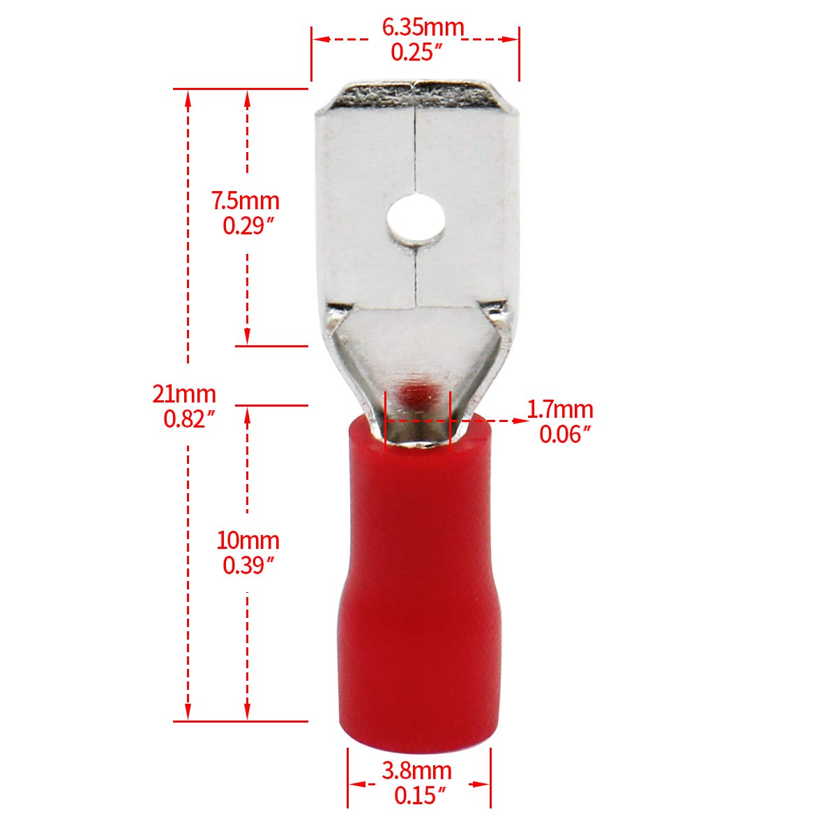 Heschen Wtyczka/gniazdo, szybkozłączka, winyl, całkowicie izolowana, FDFD+MDD1.25-250, 6,3 x 0,8 mm zacisk kablowy, do 0,5-1,5 mm² (22-16 AWG), czerwony, 100 sztuk