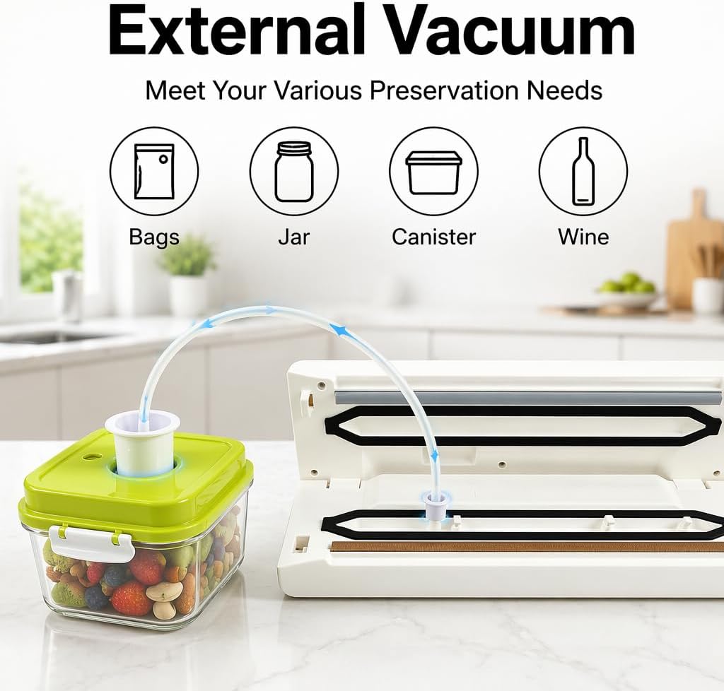 Food Vacuum Sealer Machine, 75kPa Food Sealer Vacuum Sealer | Vac Seal, Dry Moist Pulse Mode, Compact, Built-in Cutter, Automatic, External Vacuum System, Ideal for Home Kitchen Use