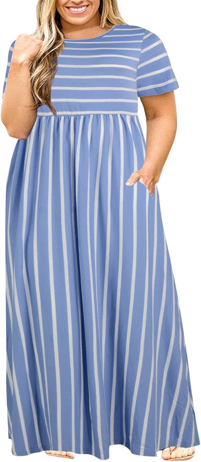 Nemidor Plus Size Maxi Dresses for Curvy Women Summer Casual Loose Short Sleeve Long Beach Dress with Pocket