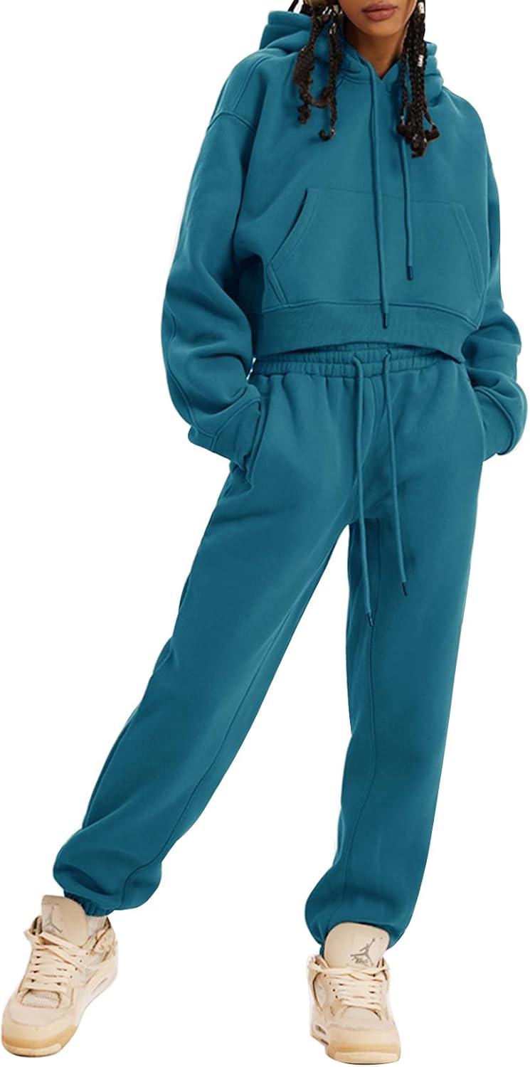 Kissonic Women's Fleece Jogger Sets 2 Pieces Sweatsuits Outfits Crop Top Hoodies Jogger Pants - Image 2