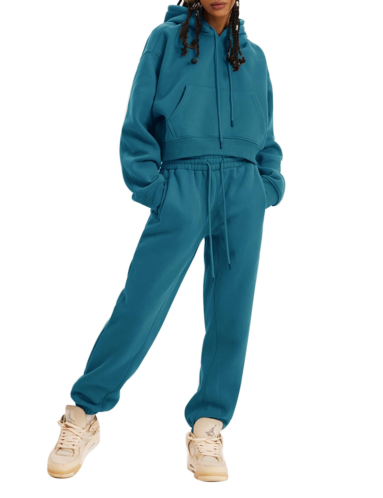Damskie 2-częściowe stroje bluzy z kapturem krótki pulower i spodnie joggery polar dres zestaw dresowy, Niebieskozielony, L