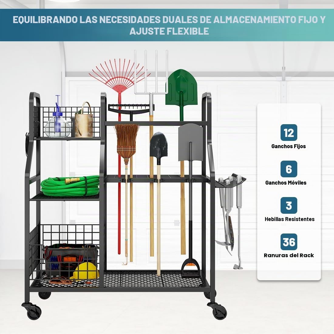 Carro Herramientas Jardín con Ruedas,3 Niveles Organizador Garaje | metal resistente, 4 ruedas con 2 frenos, ganchos para herramientas largas, 91x41x93 cm, para jardín taller sótano