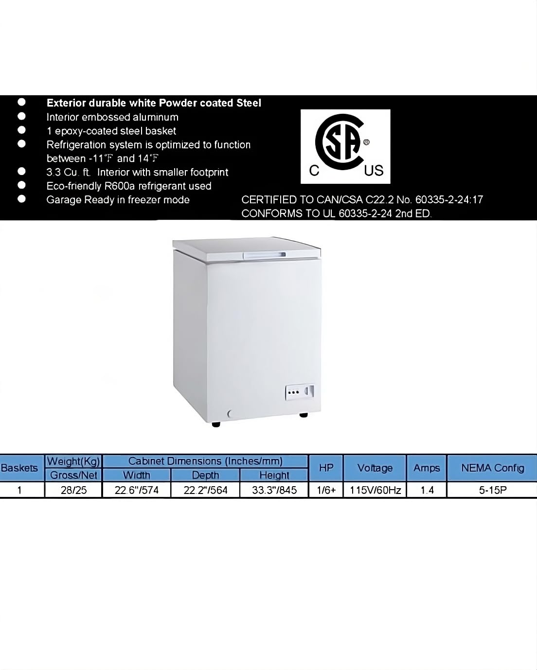 Discontinued Commercial Chest Freezer, Single Solid Lockable Top Lid, All-Purpose Deep Freezer W/Storage Baskets, Lockable Lid 22.6" W 3.5 Cu. Ft. Ice Cream, Csa White on Fridge.com - View 2