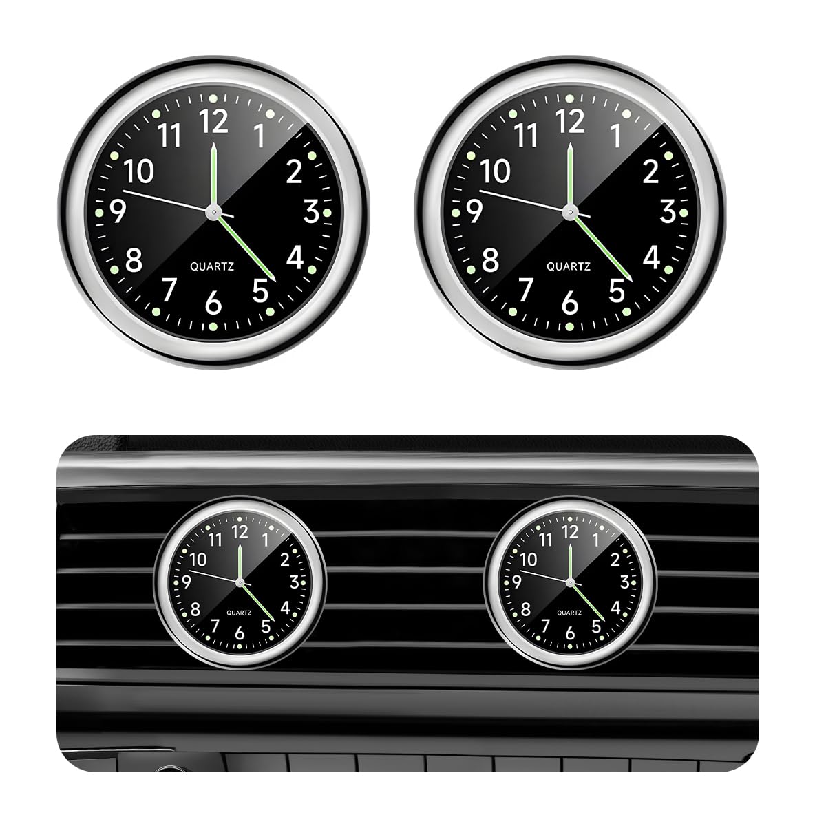 povtii 2 PCS Mini Car Clock, Round Shape Luminous Vehicle Dashboard Clock, Sturdy Clocks Watch with Self Adhesive Installation for Car Air Vent, Universal Interior Car Accessories (Black)
