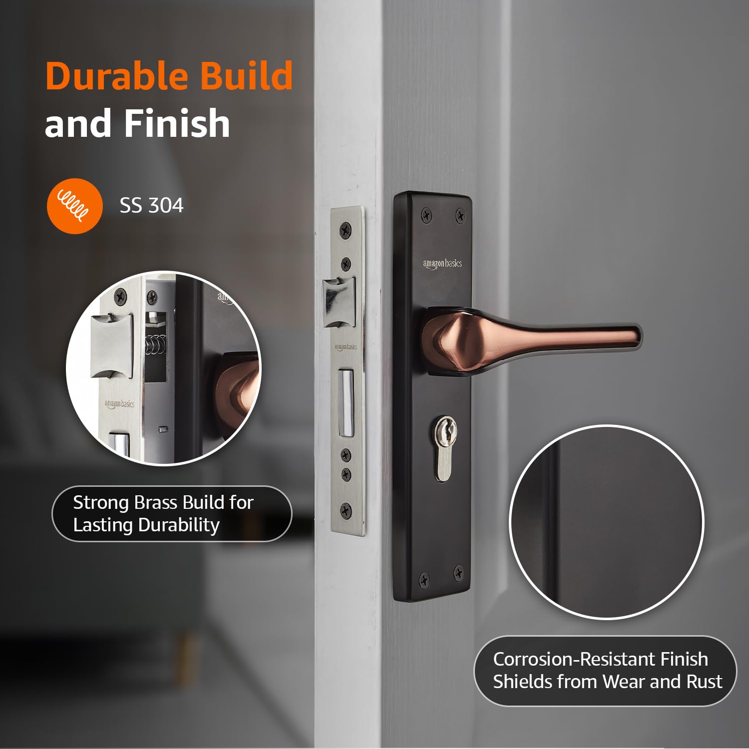 Amazon Basics Heavy-Duty Door Lock Set | Mortise Door Lock Handlesets with 3 Brass Key for Home,Office,Hotel | Brass Lock Body & Cylinder | Coca Black 1