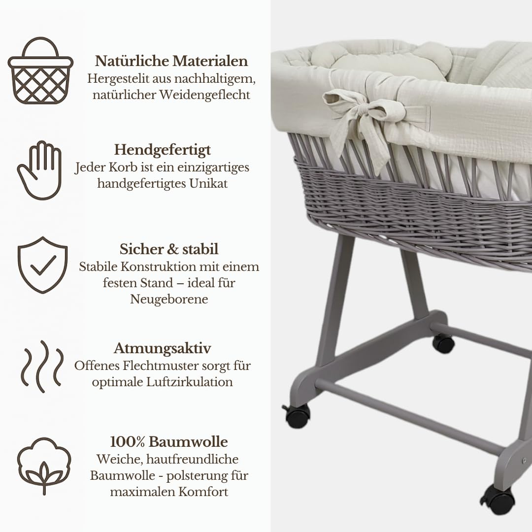 Stubenwagen Baby mit Rollen & Bremse – Grauer Moseskorb aus Naturweide inkl. Matratze & Beige Bettwäsche aus 100% Baumwolle – sicher & mobil – Modell Amelia