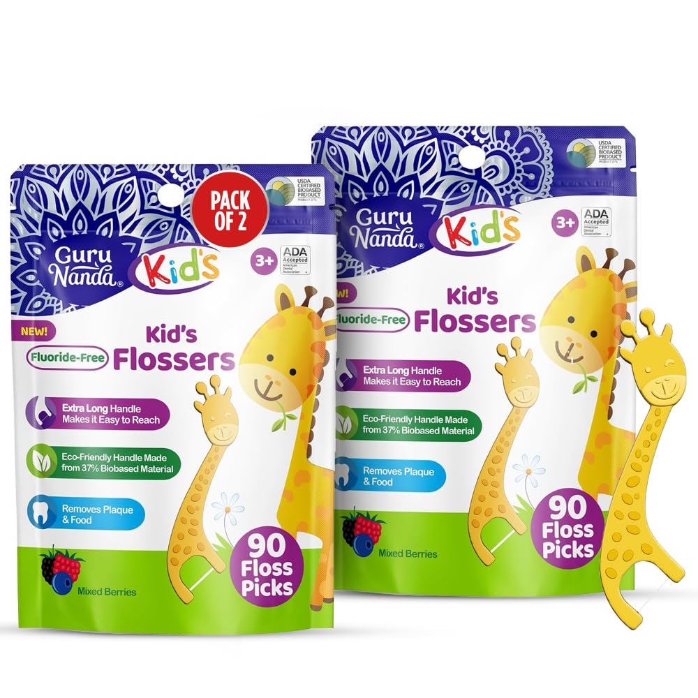 GuruNanda Dental Floss Picks Berry Flavor 90 Count for Kids Pack of 2 Giraffe-Shaped Anti-Slip Design Ages 3