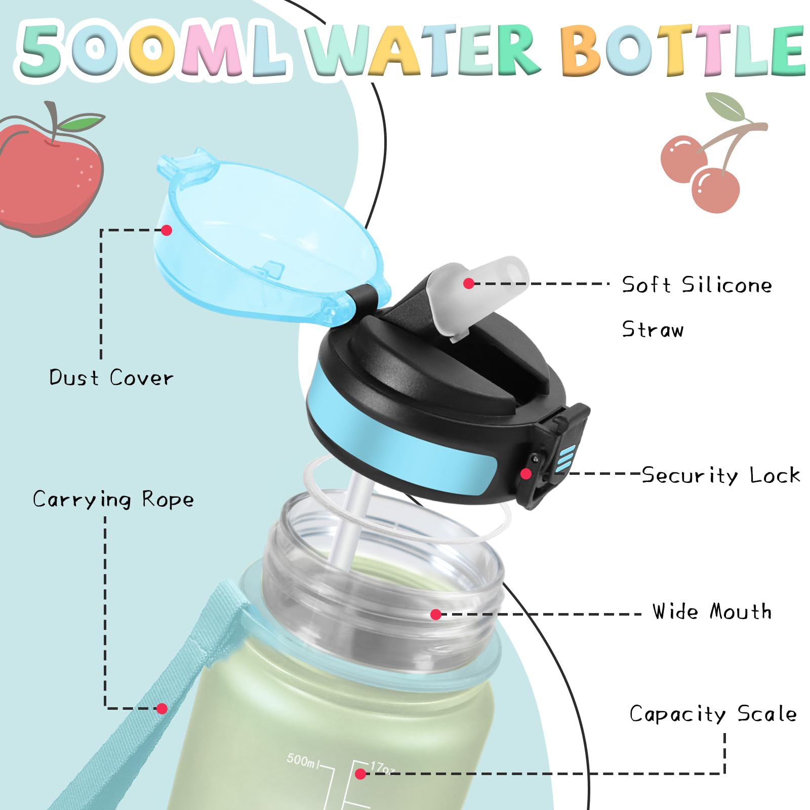 Mujigaga Borraccia Bambini, Borraccia 500 ml, Borraccie con Cannuccia, Senza Perdite, Borracce Motivazionale, Facile da Trasportare, Con Slogan Motivazionale, Borracce per Scuole, Sport, Nuotare