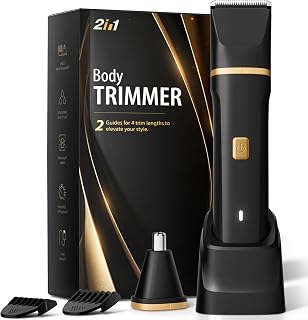 Risina Electric Body Trimmer for Men: IPX7 Waterproof Pubic Hair Shaver, 2-in-1 Grooming Kit for Beard Nose Ear, Painless Ceramic Blades, Cordless Rechargeable