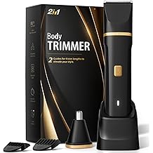 Electric Body Trimmer for Men, IPX7 Waterproof Groin and Pubic Hair Shaver, 2 in 1 Dual Head Grooming Kit for Beard Nose Ear, Cordless Rechargeable with Charging Dock, Ceramic Blades, Painless Trim