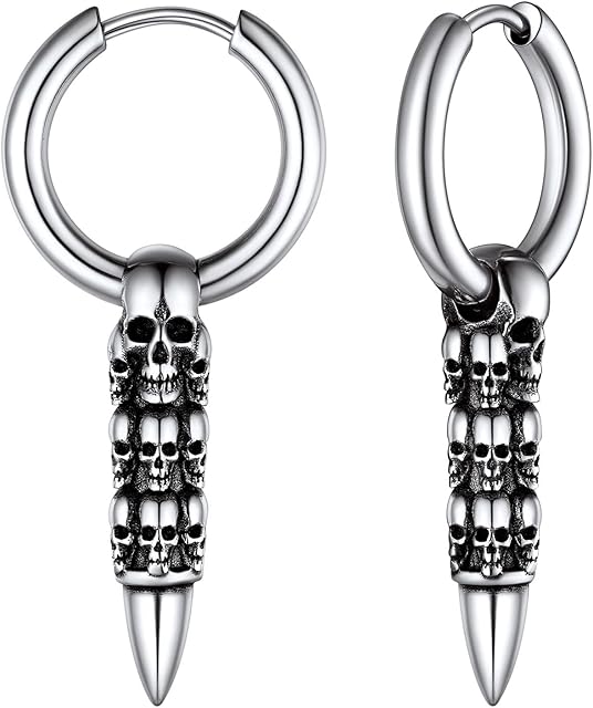 FOCALOOK Mens Hoop Earrings, Viking Thors Hammer/Gothic Skull Bullet Huggies Hoops Punk Stainless Steel/Gold/Black, With Gift Packaging