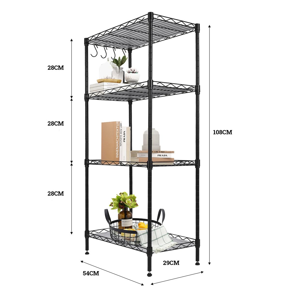 Estantería metal para baño - cocina - garaje ducha 4 Niveles o Estantes de almacenaje - Ajustables en altura 108x29x54cm Metálica Con Ganchos - Fácil montaje - Carga total 275kg - Robusta y fuerte