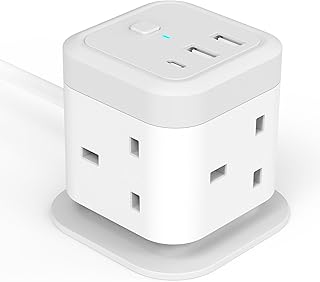 Cube Extension Lead with USB Slots, 4 Way Multi Plug with 2 USB A and 1 USB C Ports, UK Power Strip Surge Protected Extension Tower with Switch and 1.5M Cable Cord for Home, Kitchen, Office