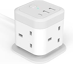 Cube Extension Lead with USB Slots, 4 Way Multi Plug with 2 USB A and 1 USB C Ports, UK Power Strip Surge Protected Extension Tower with Switch and 1.5M Cable Cord for Home, Kitchen, Office