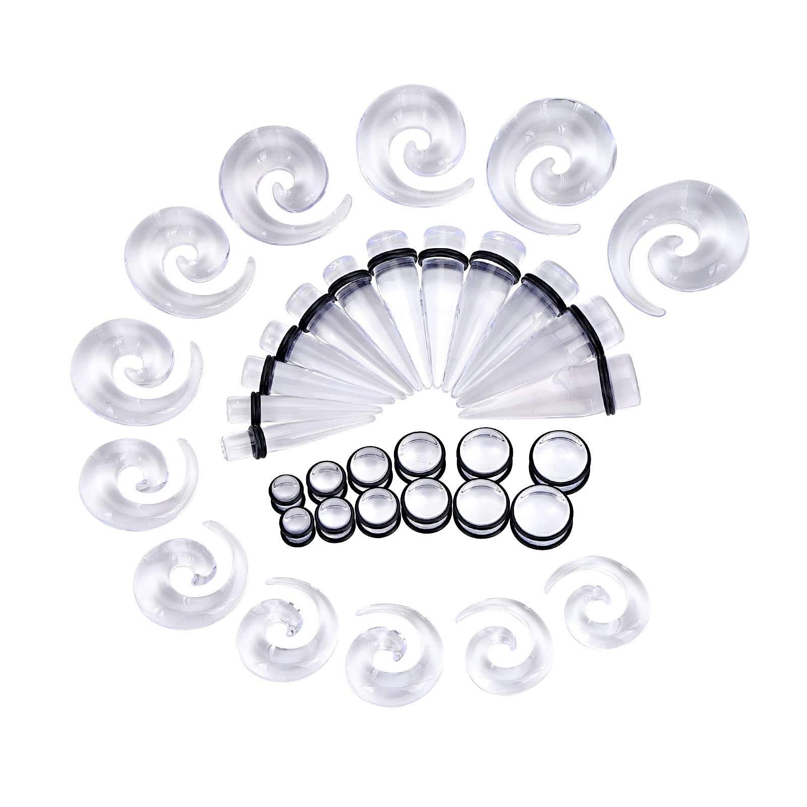 Qmcandy 00G-20 mm zestaw do rozciągania uszu, 24-36 szt., duży rozmiar, zestaw stożków, duży akrylowy tunel, spiralny zestaw, Akryl, cyrkonia sześcienna, sześcienna-cyrkonia