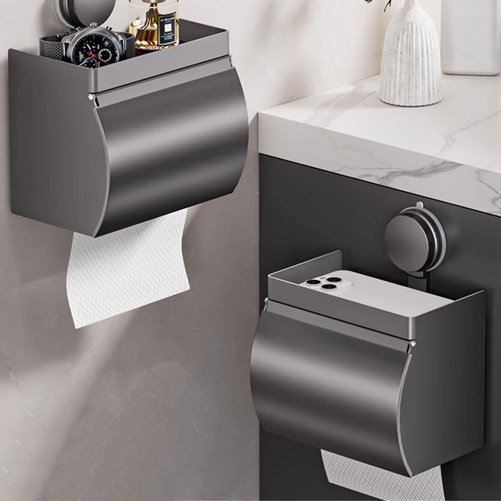 Montesy Suction Cup Tissue Box Without Drilling Paper Towel Dispenser Large Capacity Bathroom Organizers for Home and Office