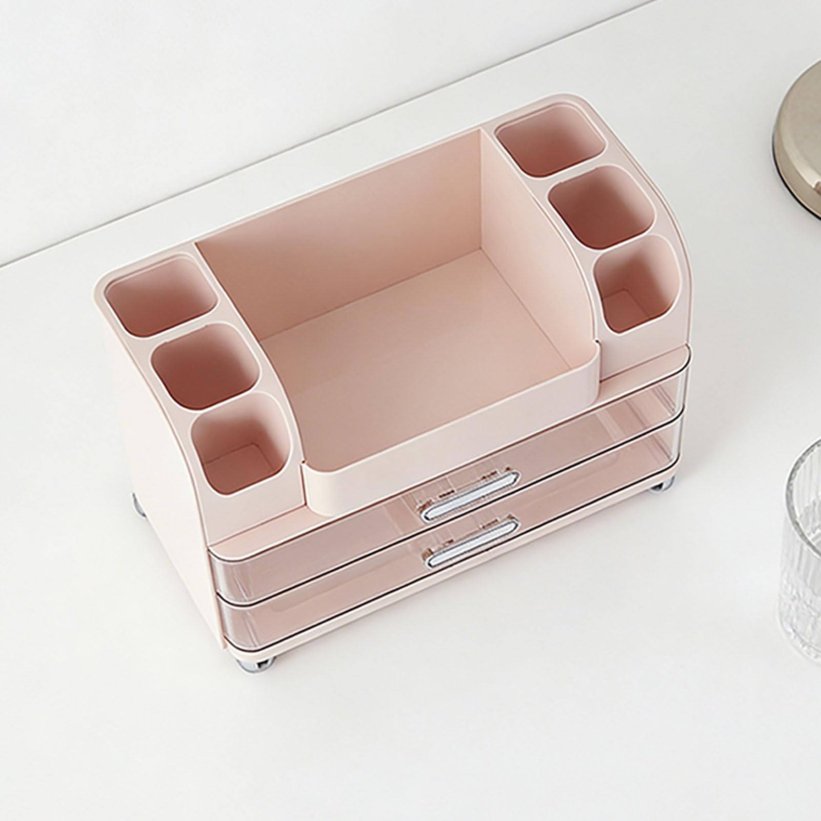Organizador de Maquillaje con Cajones, Vitrina Grande para Tocador y Encimera de Baño, Almacenamiento de Cosméticos de Plástico con Soporte para Cepillos para Lápiz Labial, Perfume, Joyería,