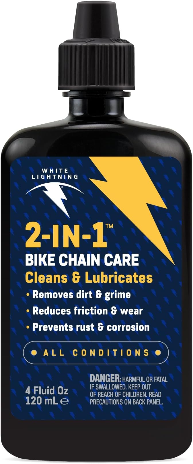 White Lightning 2-in-1 Bike Lubricant and Degreaser – Cleans, Lubricates & Protects Bicycle Chains and Gears, Reduces Friction, Rust Prevention, 4 Fl Oz