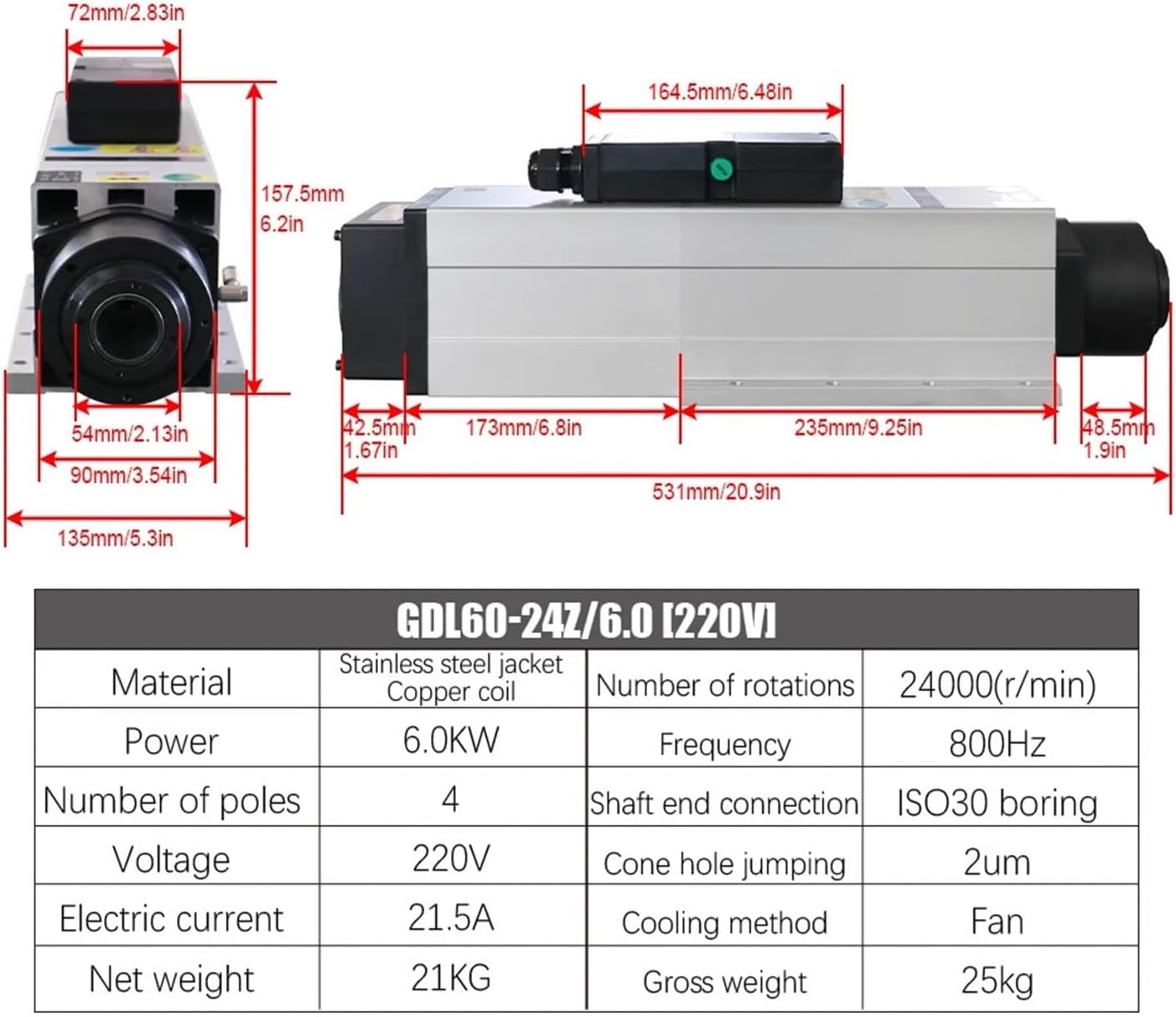 GDL60-24Z/6.0 6kw AC220v / 380v Auto Spindle 800Hz 24000RPM ISO30(220v)