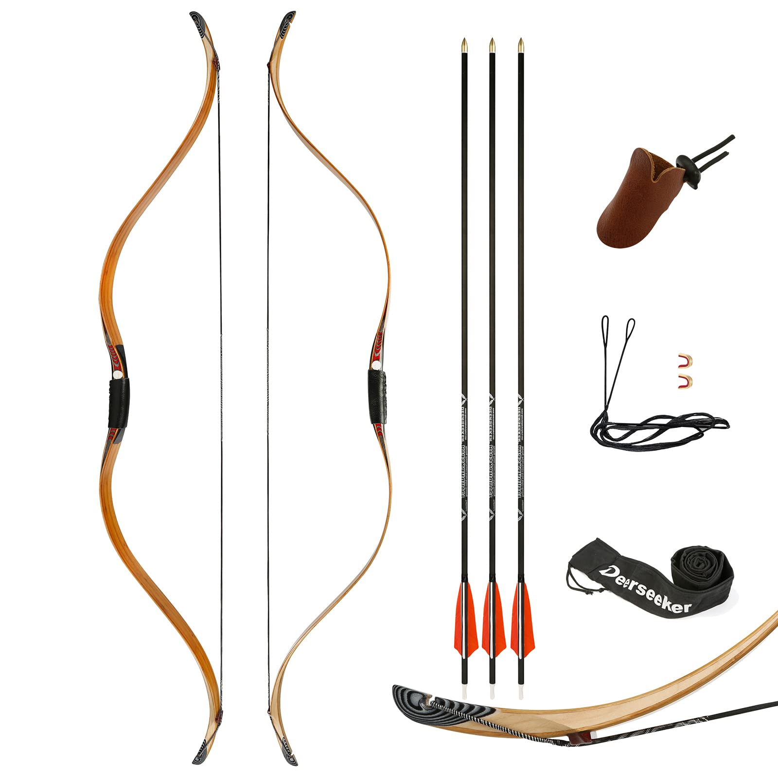 Deerseeker Outdoor52" Traditional Longbow Handmade Recurve Bows Ambidextrous Tatar Horsebow Set for Adults & Youth Archery 20-80lbs
