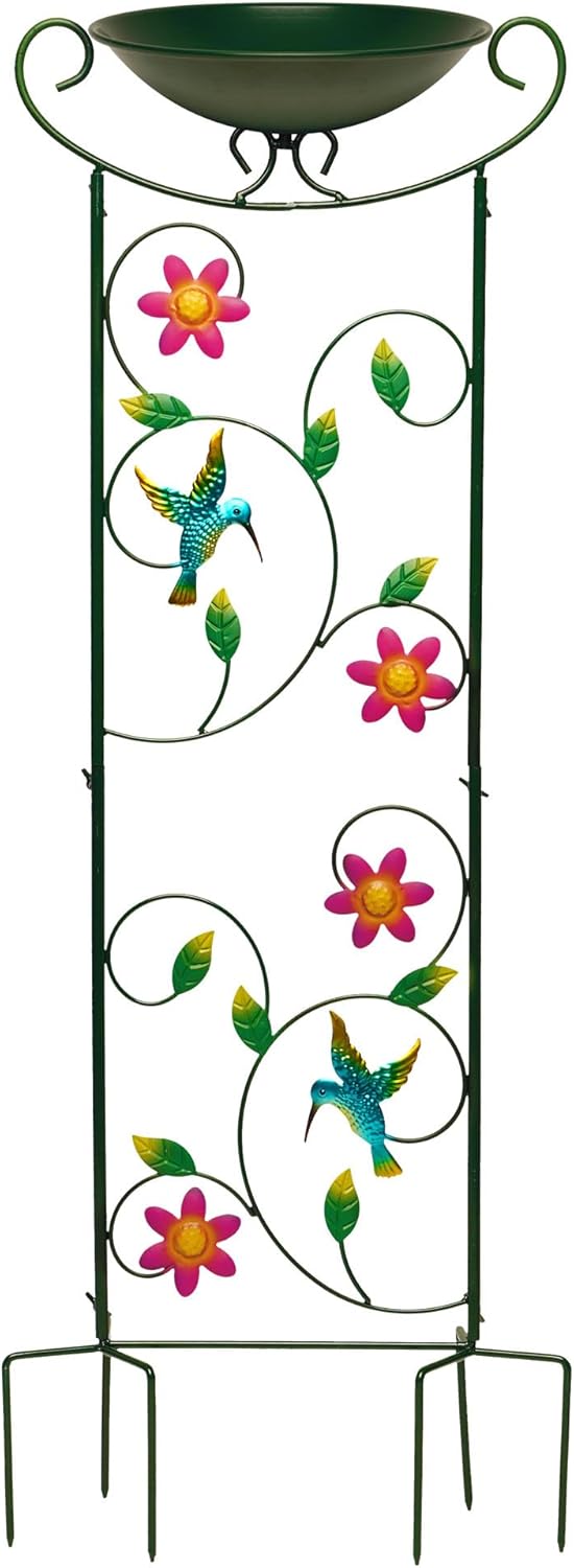 G128 35 Inch Antique Garden Iron Bird Bath with Trellis, Decorative Hummingbirds, Detachable Bowl, Metal Potted Plant Support, Elegant Outdoor Garden Bird Feeder