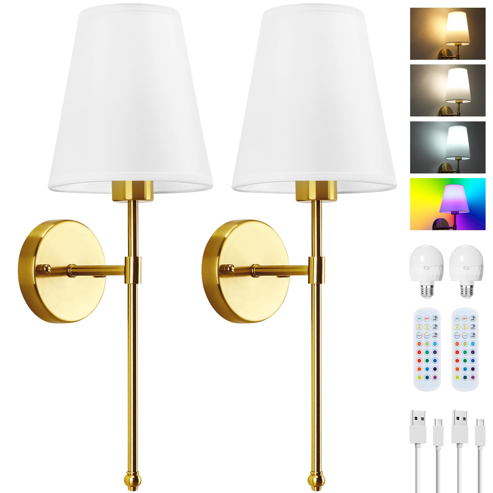 Lightess 2 Battery Operated Wall Lights for Living Room Battery Wall Lamp RGB Dimmable Rechargeable Wall Lights Indoor Wireless Wall Sconce for Bedrooms Cordless Sconce Touch&Remote Control