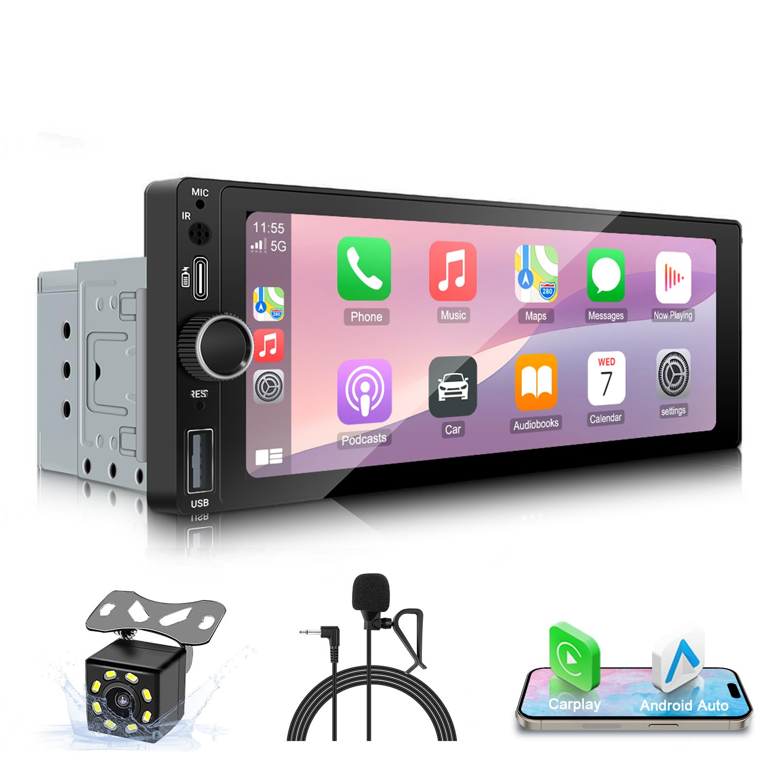 Autoradio 1 Din 6.86 Pollici con CarPlay e Android Auto Wireless Bluetooth | Schermo IPS MP5 fotocamera posteriore radio FM AM USB-C ricarica rapida e controllo volante per guida quotidiana
