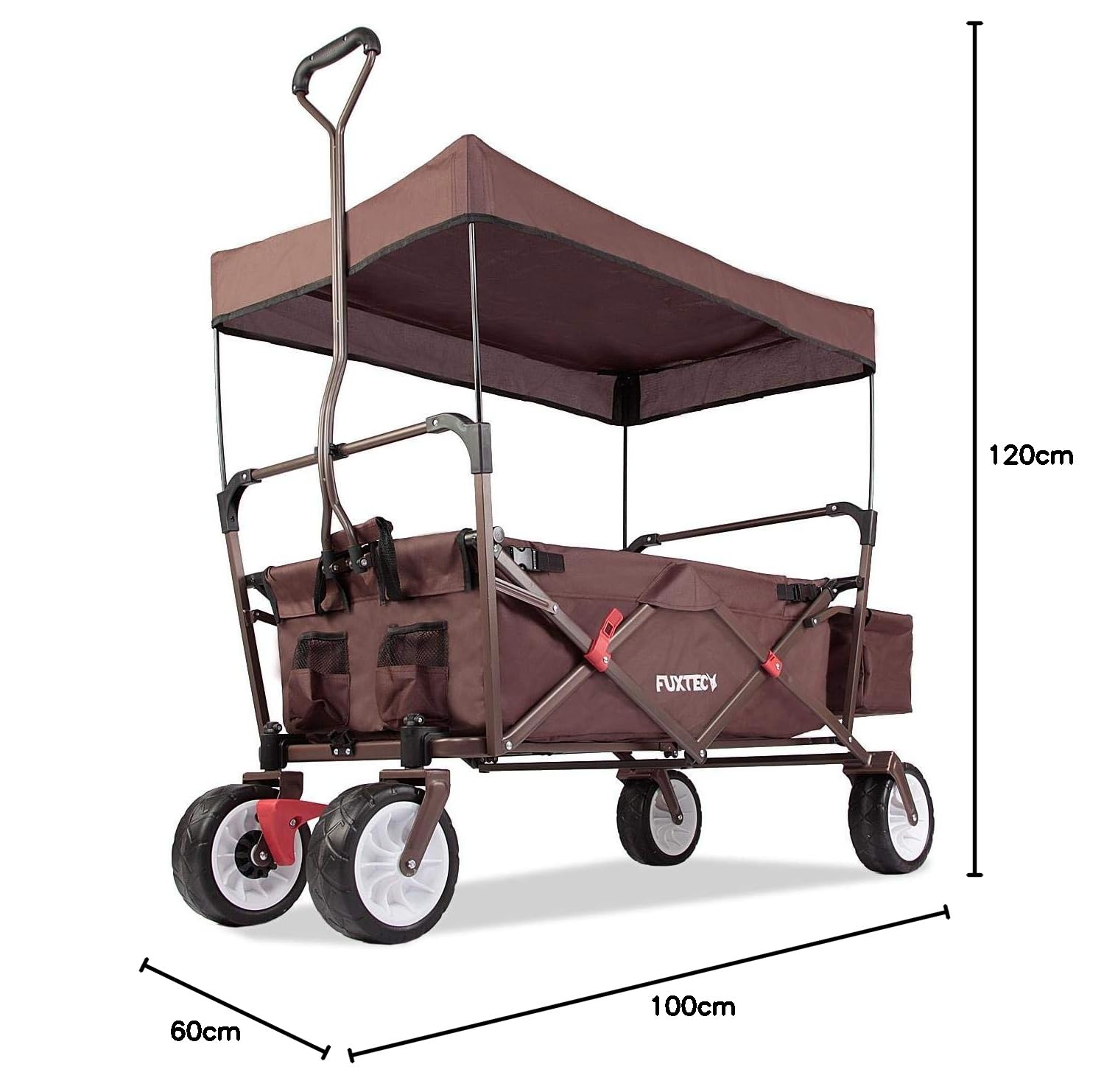 FUXTEC Bollerwagen faltbar FX-CT350 Braun mit Dach – Transportwagen klappbar | inkl. Hecktasche & Transporthülle| Feststellbremse | Vollprofilreifen | Handwagen/Leiterwagen – Das Original
