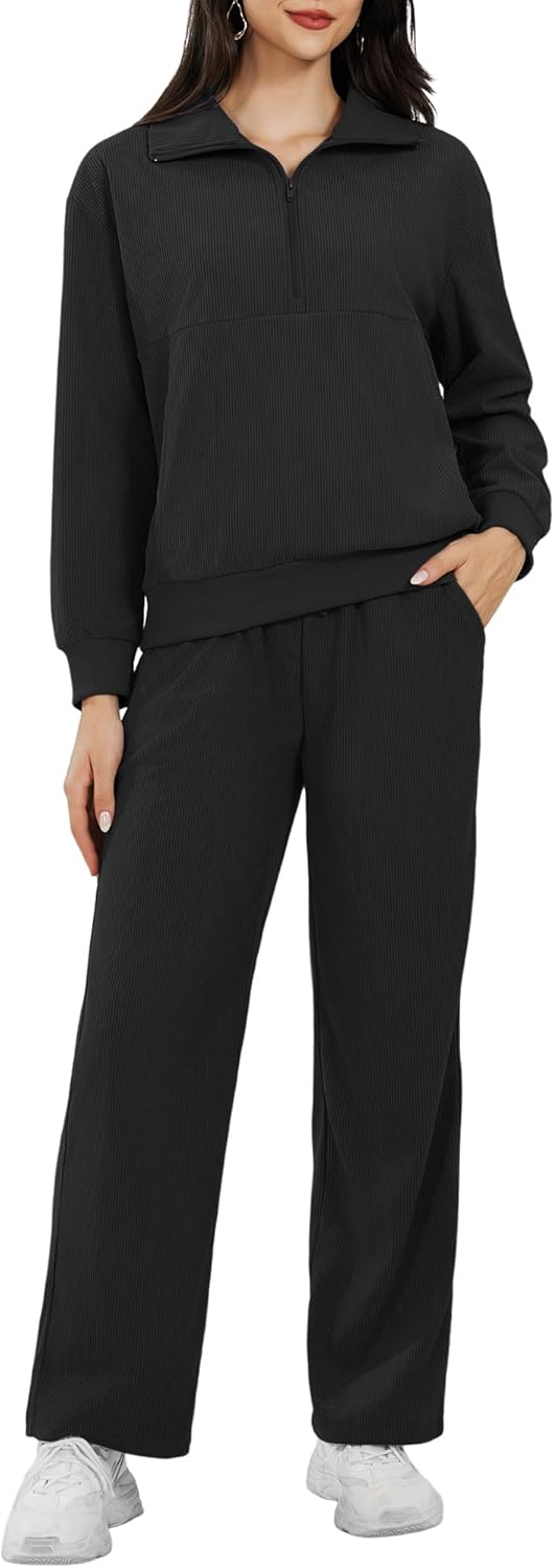 Women's 2 Piece Outfits Casual Lapel Half Zip Sweatshirts Tracksuit Sets and Wide Leg Pants with Pockets Black X-Large