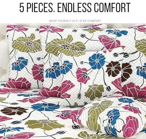 Image of VAS COLLECTIONS 220 TC Cloud Cotton 5-Piece Bedding Set for Double Bed (90x100 Inches) | Bedsheet with 2 Quilted Cushion Covers (Zipper) & 2 Pillow Covers | Pink, Blue & White